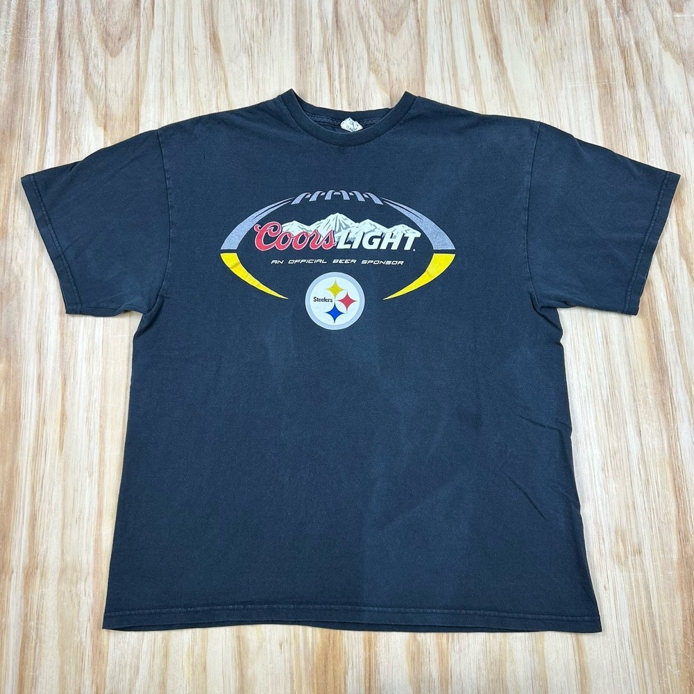 Pittsburgh Steelers Coors Light Faded Grunge T Shirt Mens XL Black Y2K‎ Football